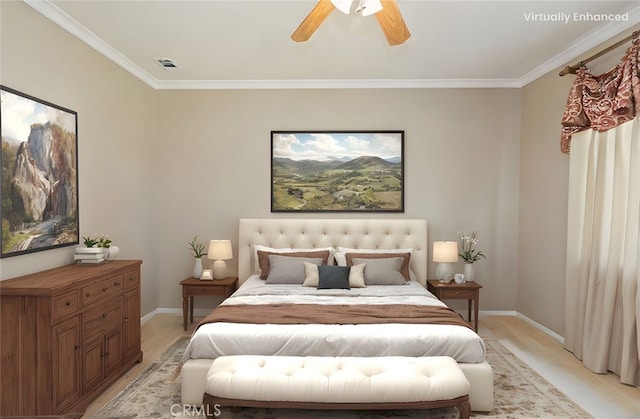 bedroom featuring a ceiling fan, crown molding, visible vents, and baseboards