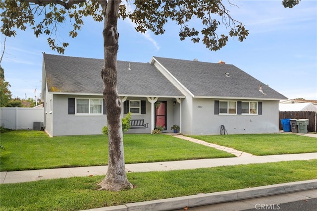 single story home featuring stucco siding, roof with shingles, central AC unit, and fence