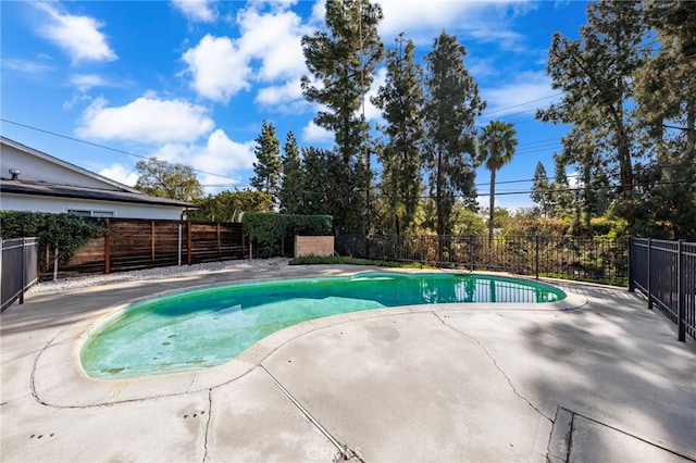 view of swimming pool featuring a fenced in pool, a patio, and a fenced backyard