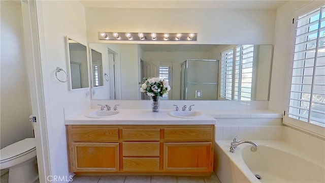 bathroom featuring a stall shower, a wealth of natural light, and a sink