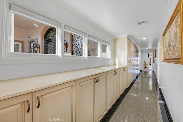 hall featuring granite finish floor, visible vents, recessed lighting, and ornamental molding