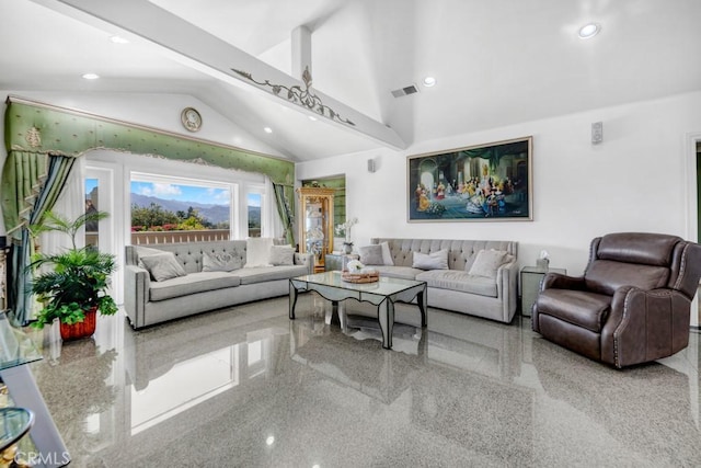 living area featuring granite finish floor, recessed lighting, visible vents, and high vaulted ceiling