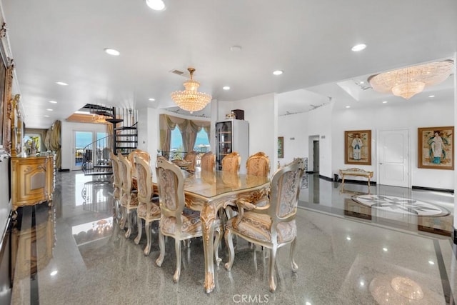 dining area featuring recessed lighting, stairs, and an inviting chandelier