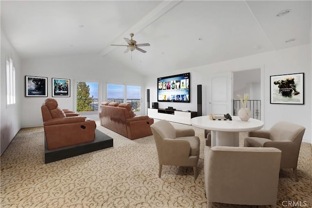 4440 Bergamo Dr, Encino, CA 91436 - cinema room with ceiling fan, carpet floors, and lofted ceiling with beams