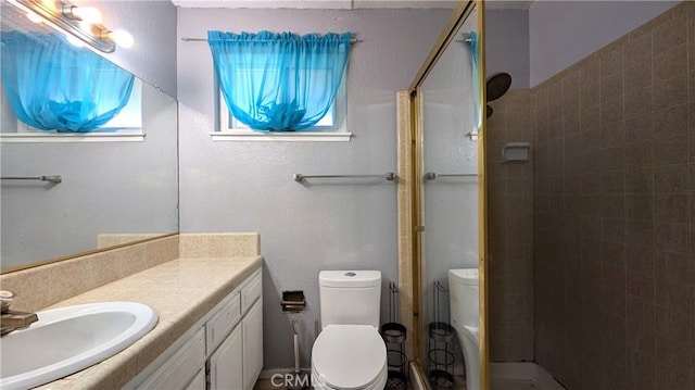 bathroom with vanity, toilet, and a shower stall