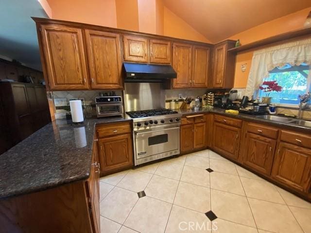 kitchen featuring stainless steel stove, brown cabinets, under cabinet range hood, and a sink