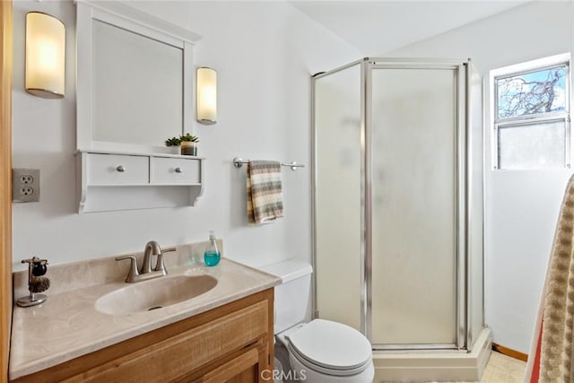 full bath featuring vanity, a shower stall, and toilet