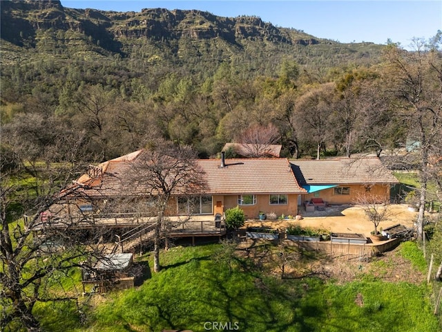 bird's eye view featuring a mountain view and a view of trees