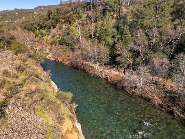 bird's eye view featuring a wooded view