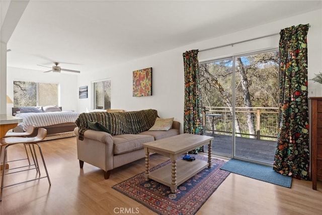 living area with ceiling fan and wood finished floors