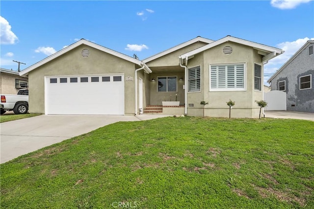 ranch-style house featuring stucco siding, an attached garage, concrete driveway, and a front lawn