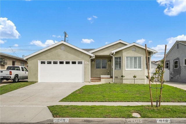 ranch-style house with stucco siding, a garage, concrete driveway, and a front yard