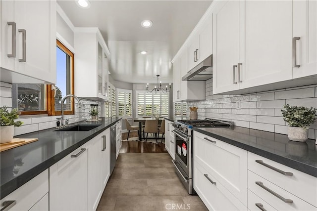 kitchen with under cabinet range hood, stainless steel appliances, dark countertops, and a sink