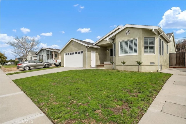 ranch-style house featuring stucco siding, fence, concrete driveway, an attached garage, and a front yard