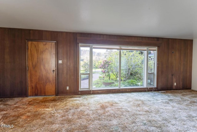 carpeted empty room featuring wood walls