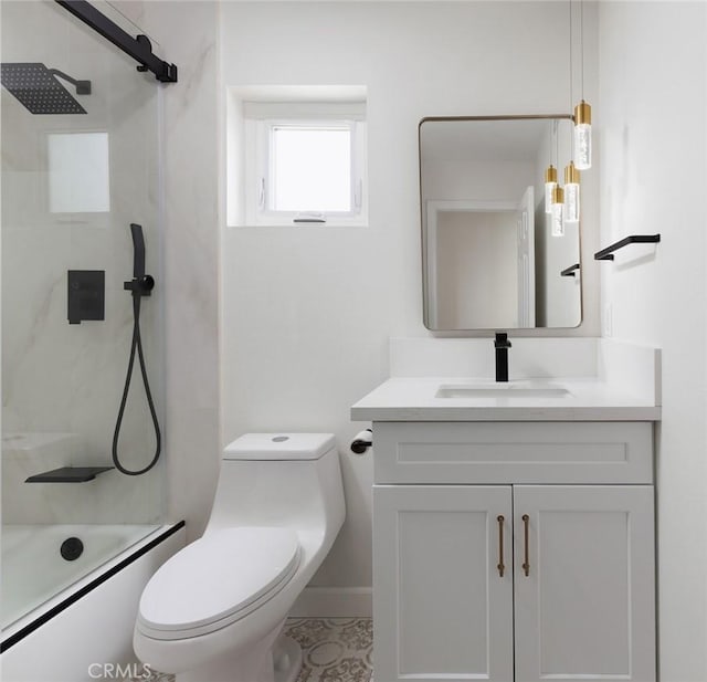 full bath featuring toilet, vanity, and shower / bathing tub combination