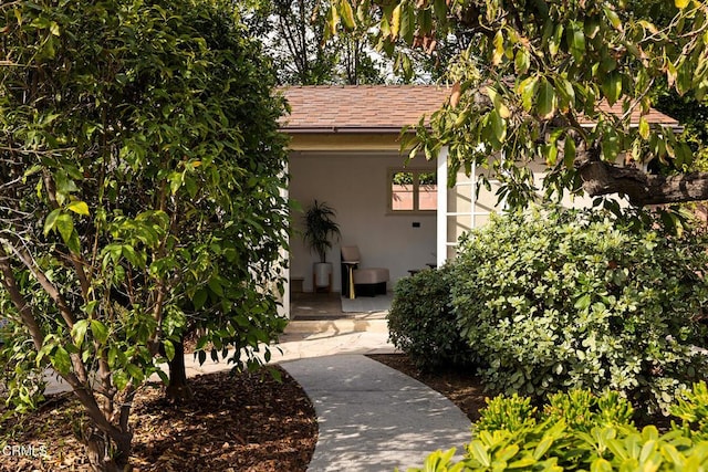 view of property exterior with stucco siding and roof with shingles