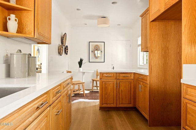 kitchen featuring dark wood-type flooring, brown cabinetry, and light countertops