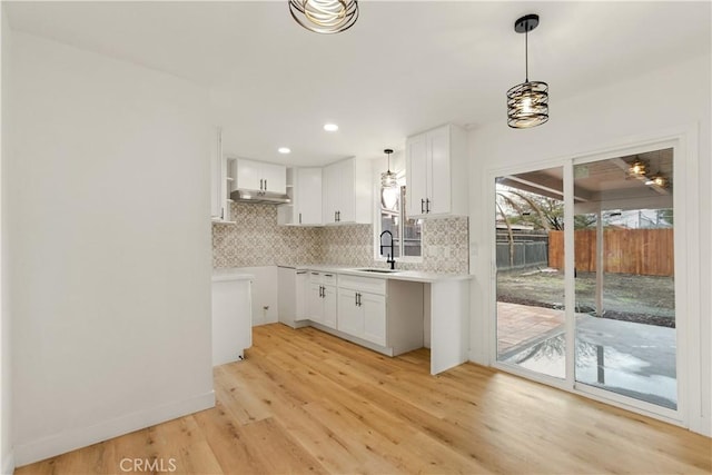 kitchen with decorative backsplash, pendant lighting, light wood-style floors, and a sink