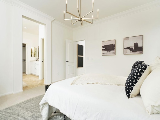 bedroom featuring ensuite bathroom, carpet, a chandelier, and crown molding