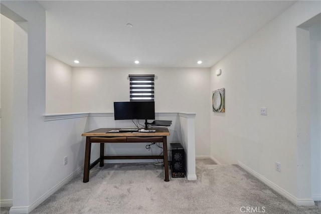 home office featuring recessed lighting, carpet, and baseboards