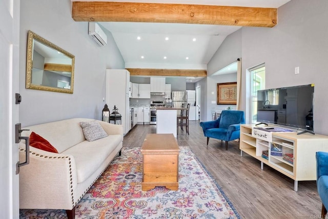 living room featuring wood finished floors, high vaulted ceiling, recessed lighting, a wall mounted air conditioner, and beamed ceiling