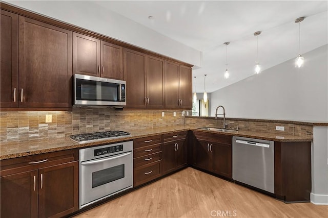 kitchen with dark brown cabinets, appliances with stainless steel finishes, light wood-type flooring, and a sink