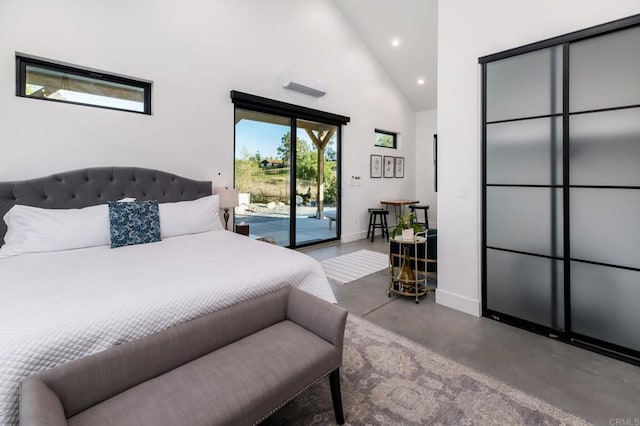 35715 Calle Nopal, Temecula, CA 92592 - bedroom with concrete floors, access to exterior, recessed lighting, and high vaulted ceiling
