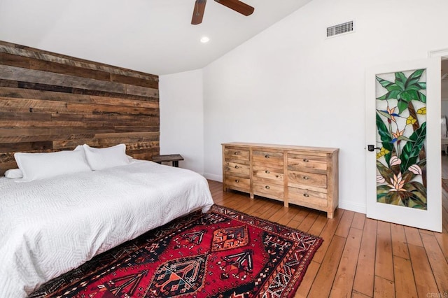 35715 Calle Nopal, Temecula, CA 92592 - bedroom with vaulted ceiling, hardwood / wood-style floors, a ceiling fan, and recessed lighting