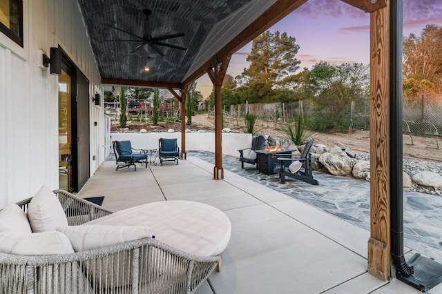 35715 Calle Nopal, Temecula, CA 92592 - view of patio / terrace with ceiling fan and an outdoor living space with a fire pit