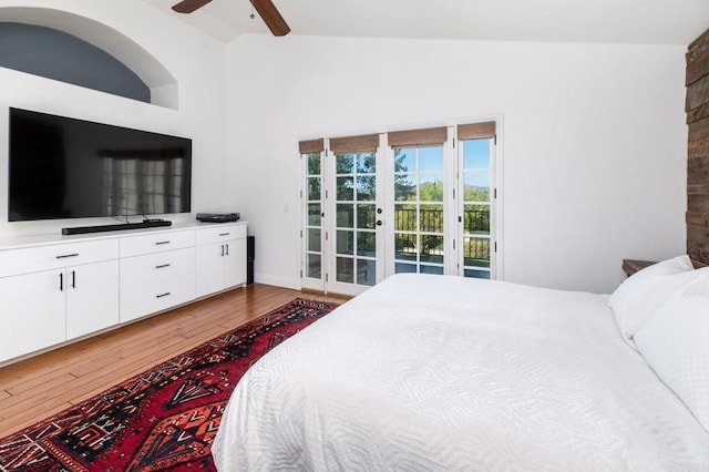 35715 Calle Nopal, Temecula, CA 92592 - bedroom featuring vaulted ceiling, access to outside, hardwood / wood-style flooring, a ceiling fan, and french doors