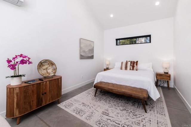 35715 Calle Nopal, Temecula, CA 92592 - bedroom featuring concrete floors, recessed lighting, vaulted ceiling, and a wall mounted air conditioner
