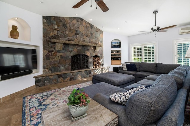 35715 Calle Nopal, Temecula, CA 92592 - living room featuring ceiling fan, vaulted ceiling, an AC wall unit, built in shelves, and a fireplace
