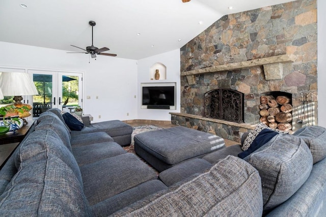 35715 Calle Nopal, Temecula, CA 92592 - living room featuring a ceiling fan, vaulted ceiling, a fireplace, and french doors