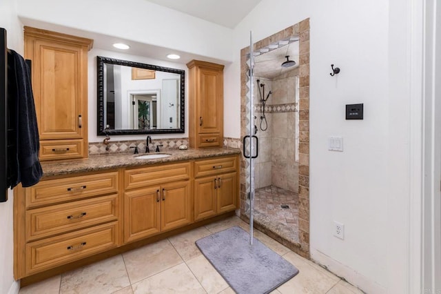 35715 Calle Nopal, Temecula, CA 92592 - bathroom with vanity, a stall shower, tile patterned flooring, and recessed lighting