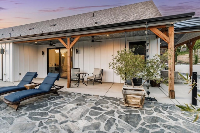 35715 Calle Nopal, Temecula, CA 92592 - patio terrace at dusk featuring ceiling fan and a patio
