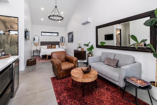 35715 Calle Nopal, Temecula, CA 92592 - living area with concrete floors, recessed lighting, high vaulted ceiling, and a chandelier