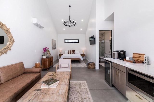35715 Calle Nopal, Temecula, CA 92592 - bedroom featuring finished concrete flooring, high vaulted ceiling, a chandelier, wine cooler, and recessed lighting