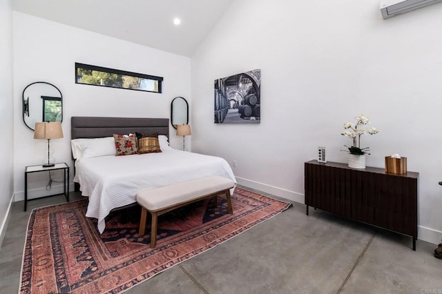 35715 Calle Nopal, Temecula, CA 92592 - bedroom with concrete flooring, recessed lighting, a wall mounted air conditioner, and high vaulted ceiling