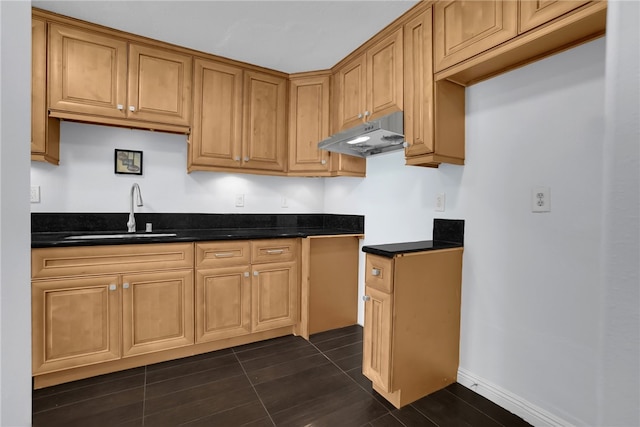 kitchen with dark countertops, a sink, baseboards, under cabinet range hood, and dark tile patterned flooring