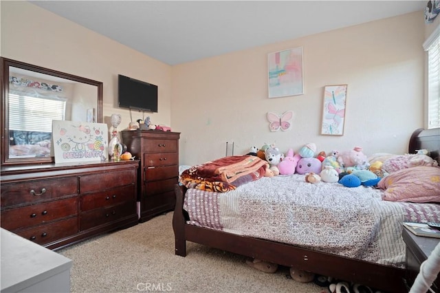 bedroom featuring multiple windows and light carpet