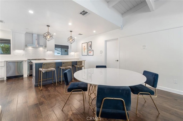 dining space with recessed lighting, visible vents, beam ceiling, and dark wood-style flooring