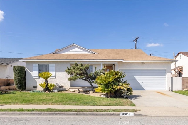 ranch-style house with concrete driveway, roof with shingles, a front yard, stucco siding, and a garage