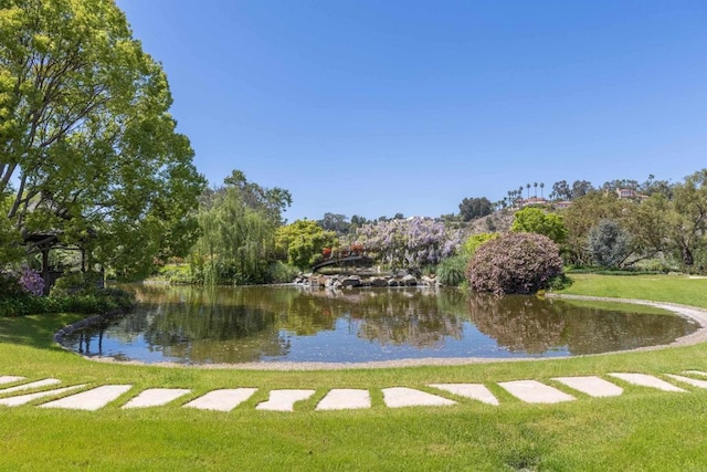 view of home's community featuring a lawn and a water view