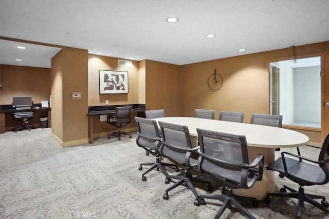 office space with recessed lighting, visible vents, baseboards, and carpet flooring