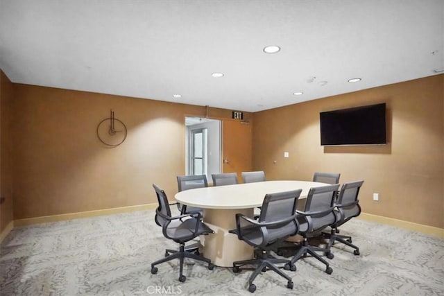 home office featuring recessed lighting, baseboards, and light carpet