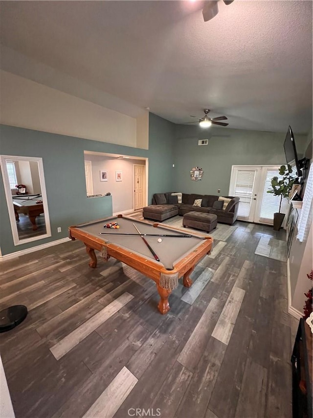 recreation room featuring billiards, a ceiling fan, wood finished floors, visible vents, and a textured ceiling