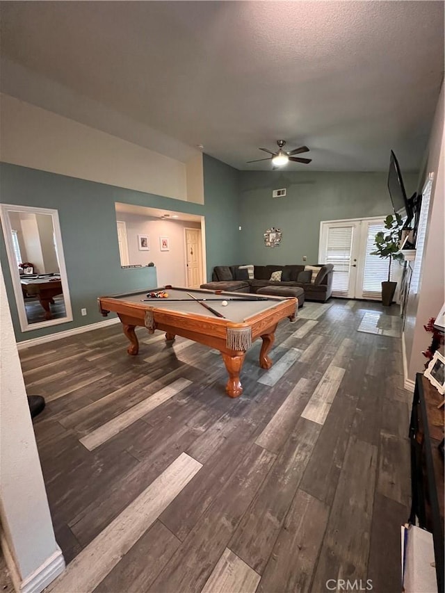 rec room with pool table, baseboards, wood finished floors, a textured ceiling, and a ceiling fan