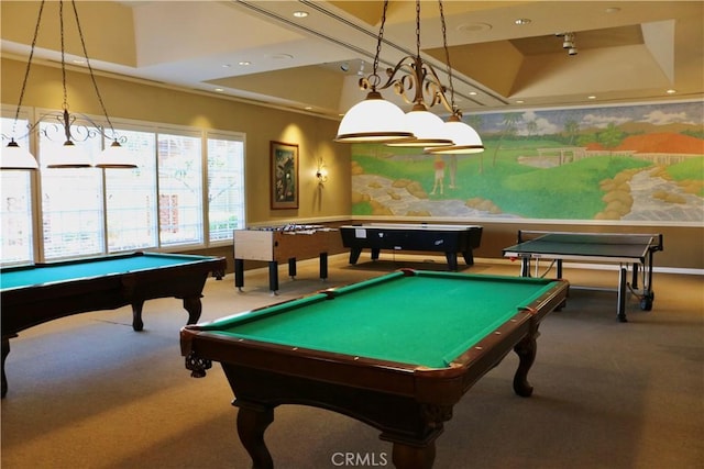 game room with billiards, recessed lighting, and carpet