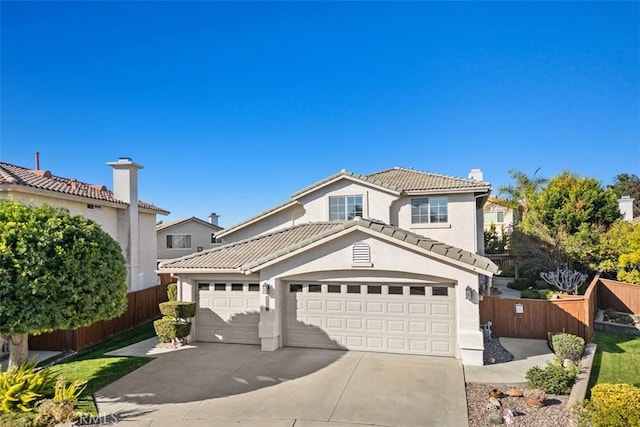 view of front of property featuring fence, driveway, an attached garage, stucco siding, and a tile roof